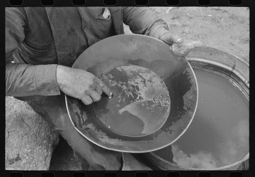 "Pan" of gold. Not all of the shiny particles are gold but include mica and a few particles of quicksilver. The gold usually appears in the pan as a minute shiny upper rim of the dirt in the pan. Pinos Altos, New Mexico