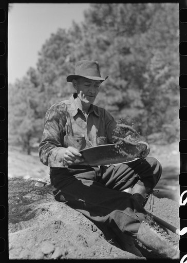 Prospector panning gold by dry method. Pinos Altos, New Mexico