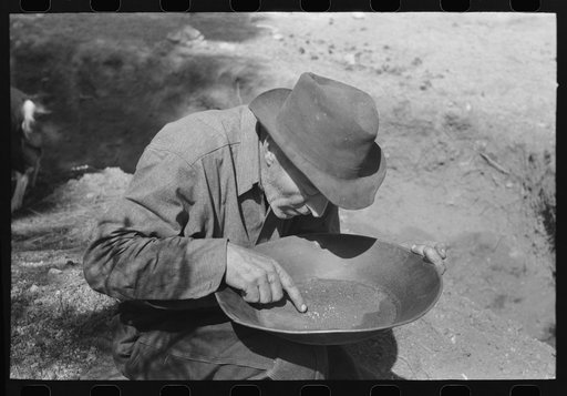 Prospector pointing to flecks of gold in his pan. Pinos Altos, New Mexico