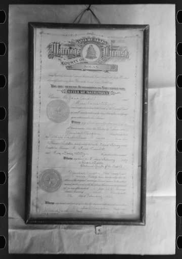 Marriage license of Faro and Doris Caudill. Notice that the license was issured in Nolan County, Texas. They came directly to Pie Town to homestead after the marriage in February of 1933. Pie Town, New Mexico