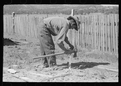 Untitled photo, possibly related to: Faro Caudill making posts for his tent in which the family will live while the dugout is being rebuilt near the well. Pie Town, New Mexico