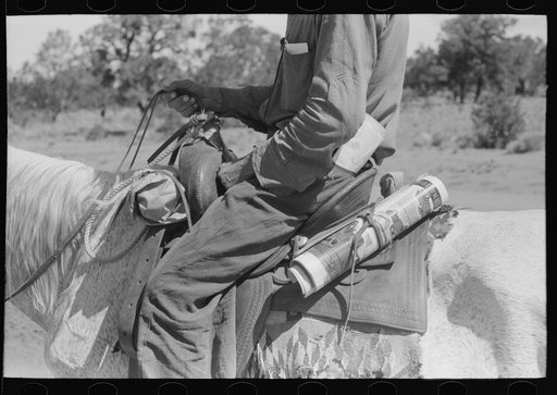 Detail of homesteader on horseback returning home after trip to town.  There is no R.F.D. service so farmers must make a trip into town for mail. Pie Town, New Mexico