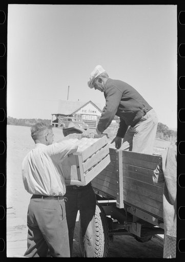 Mr. Keele taking crate of grapefruit from truck. General store, Pie Town, New Mexico