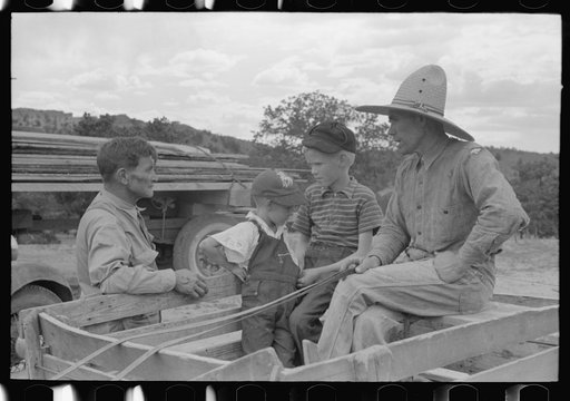 Untitled photo, possibly related to: Mr. Leatherman starting for home in his burro-drawn cart. The handles of the cart belong to a homemade terracing implement belonging to Mr. Craig who loaned it to Leatherman to do his terracing. Pie Town, New Mexico