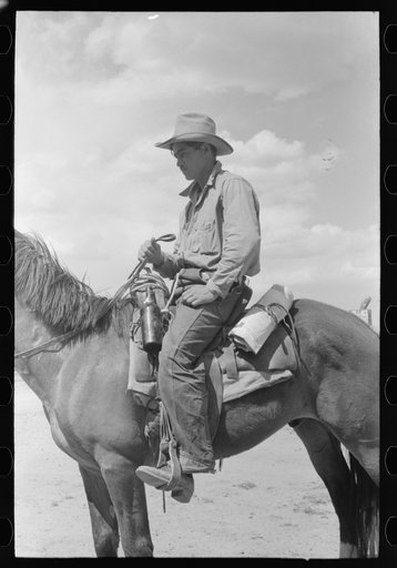 Untitled photo, possibly related to: Cowboy with Spanish cowpony. Pie Town, New Mexico