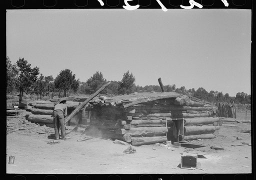 Untitled photo, possibly related to: John Adams stacking up pinon poles which have been taken from the dugout which is being torn down. Pie Town, New Mexico