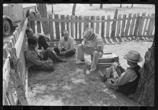 Untitled photo, possibly related to: Homesteaders sit under the trees at all day Sunday visiting. Pie Town, New Mexico