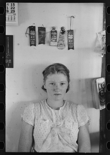 Untitled photo, possibly related to: Lois Stagg who with her husband rents and runs the cafe. Both she and her husband came to New Mexico with their families from Texas. She won 4-H awards shown. Pie Town, New Mexico