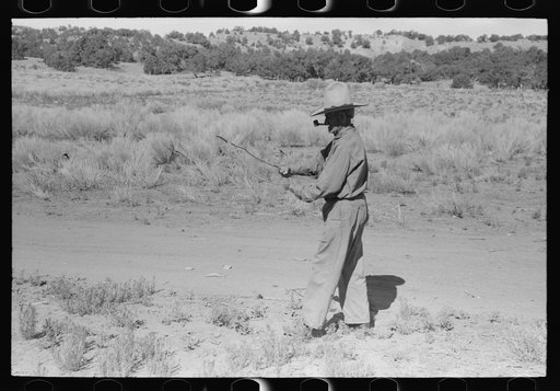 Water witch walks in the direction that stick heads him. Pie Town, New Mexico