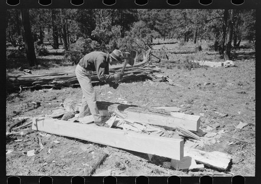 Hewing out a tie with broadaxe. Pie Town, New Mexico