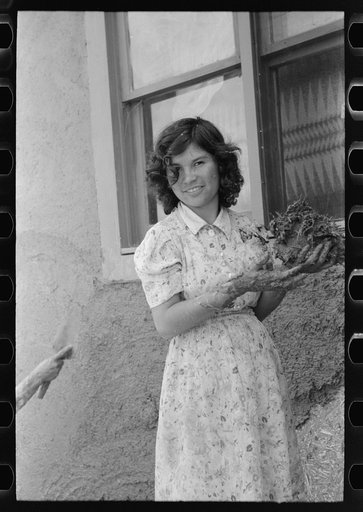 Spanish-American girl with handful of adobe plaster, Chamisal, New Mexico