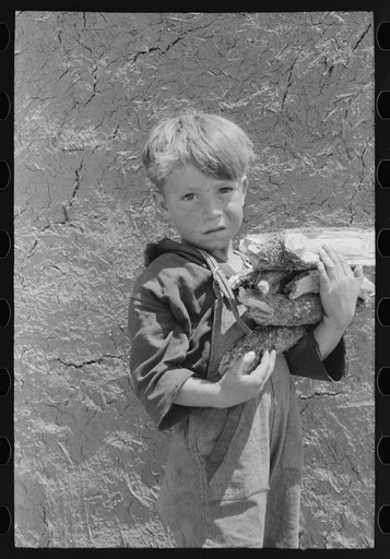 Spanish-American boy with an armful of wood. Chamisal, New Mexico