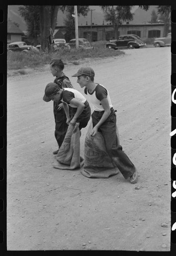 Boys' sack race at Labor Day celebration, Ridgway, Colorado