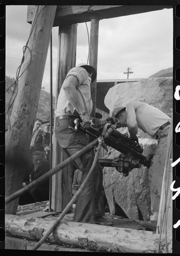 Miners in power drilling contest, Labor Day celebration, Silverton, Colorado