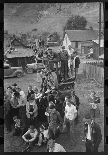 Untitled photo, possibly related to: Judges inspecting drill which will be used in miners power drilling contest at Labor Day celebration, Silverton, Colorado