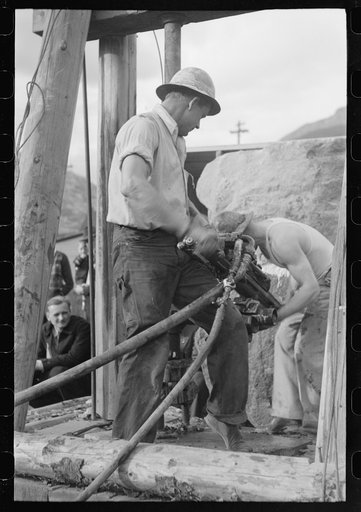 Untitled photo, possibly related to: Miners in power drilling contest, Labor Day celebration, Silverton, Colorado