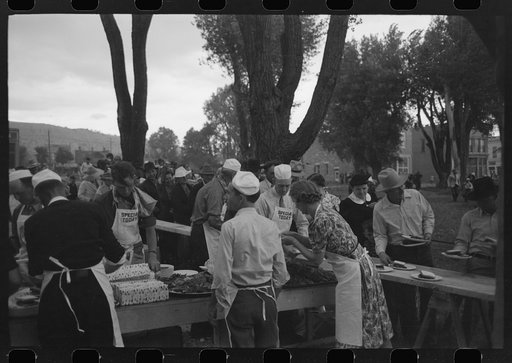 Untitled photo, possibly related to: Making barbecue sandwiches at the free barbecue on Labor Day, Ridgway, Colorado