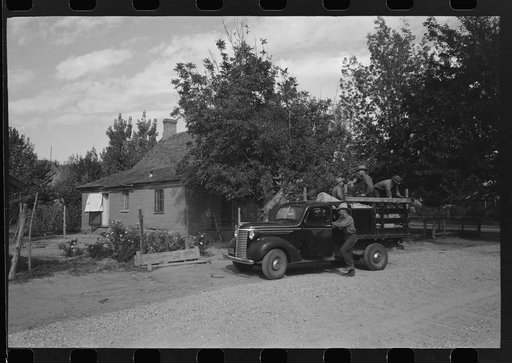 Group of Mormon farmers getting ready to leave Santa Clara, Utah (their homes) to round up sheep which have been in the mountains for the summer