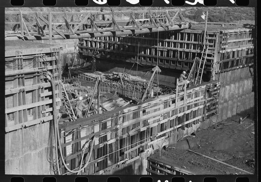 Untitled photo, possibly related to: Detail of Shasta Dam under construction. Shasta County, California