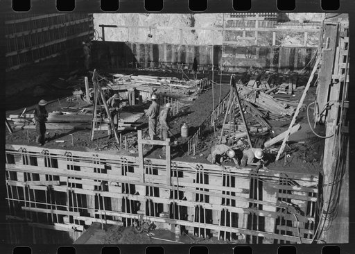 Detail of Shasta Dam under construction. Shasta County, California