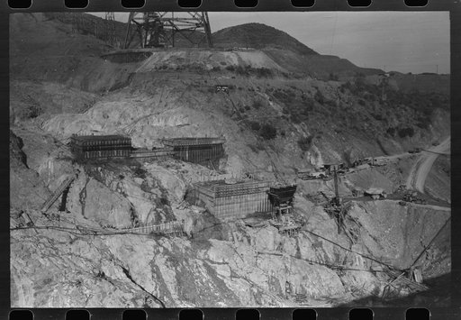 Untitled photo, possibly related to: Shasta Dam under construction, looking down the river, Shasta County, California