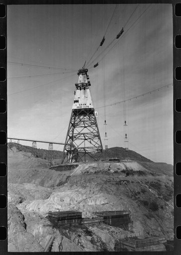 Untitled photo, possibly related to: Construction workers getting a drink of water. Main distributing tower is in the rear. Shasta Dam, Shasta County, California