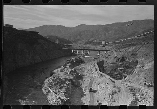 Shasta Dam under construction, looking down the river, Shasta County, California