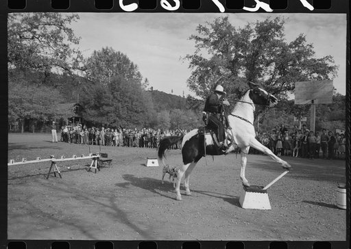 High school horse performs before children of construction workers at Summit City School, Summit City, California