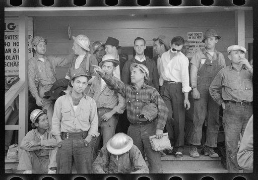 Untitled photo, possibly related to: Construction workers on front porch of commissary, Shasta Dam. Shasta County, California