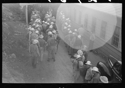 Untitled photo, possibly related to: Construction workers lined up to be paid off, Shasta Dam, Shasta County, California