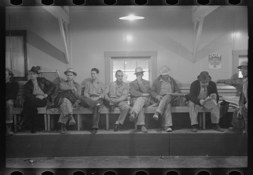 Untitled photo, possibly related to: Construction workers in commissary, Shasta Dam, Shasta County, California
