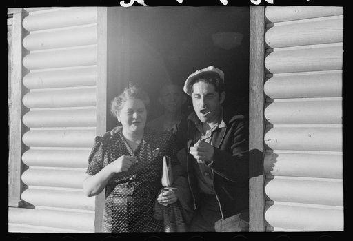 Untitled photo, possibly related to: Shasta Dam construction workers drinking beer at entrance to bar. Central Valley, California