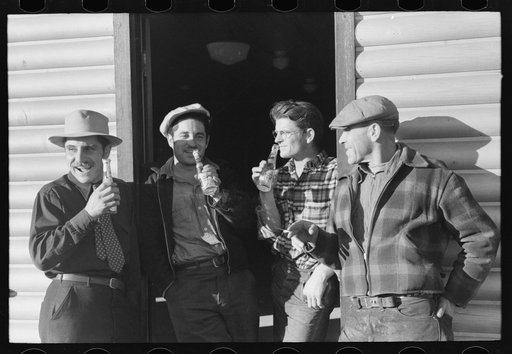 Untitled photo, possibly related to: Shasta Dam construction workers drinking beer at entrance to bar. Central Valley, California