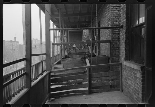 Untitled photo, possibly related to: Back porches of apartment building in Negro section of Chicago, Illinois