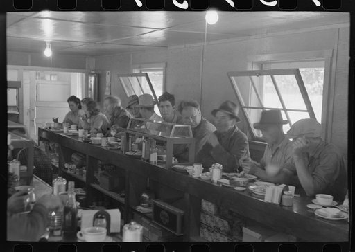 Untitled photo, possibly related to: Men who work on mechanical hop picking machines have lunch at the company restaurant, Yakima Chief Hop Ranch, Yakima County, Washington