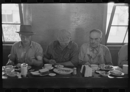 Untitled photo, possibly related to: Men who work on mechanical hop picking machines have lunch at the company restaurant, Yakima Chief Hop Ranch, Yakima County, Washington