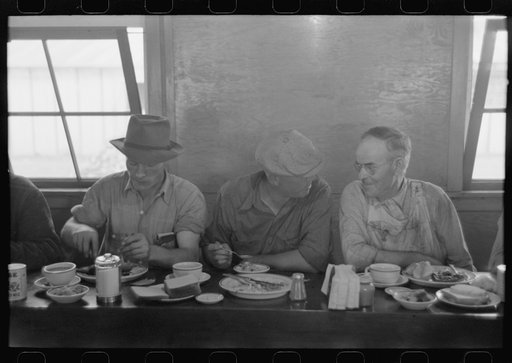 Untitled photo, possibly related to: Men who work on mechanical hop picking machines have lunch at the company restaurant, Yakima Chief Hop Ranch, Yakima County, Washington