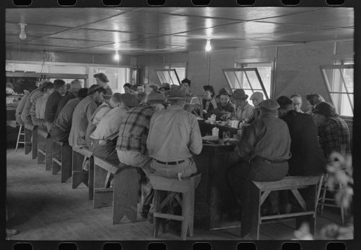 Untitled photo, possibly related to: Men who work on mechanical hop picking machines have lunch at the company restaurant, Yakima Chief Hop Ranch, Yakima County, Washington