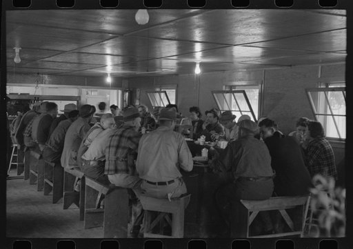 Untitled photo, possibly related to: Men who work on mechanical hop picking machines have lunch at the company restaurant, Yakima Chief Hop Ranch, Yakima County, Washington