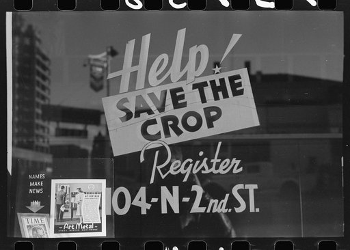 Untitled photo, possibly related to: Sign on store window in Yakima, Washington, the crop referred to is hops