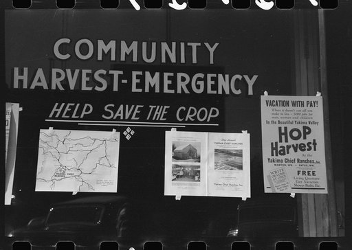 Untitled photo, possibly related to: Sign at office of Community Harvest Emergency committee, Yakima, Washington