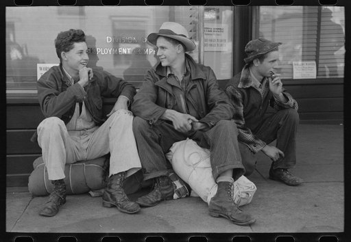 Untitled photo, possibly related to: Boys looking for work wait for the Washington State Employment Service office to open in the morning, Yakima, Washington