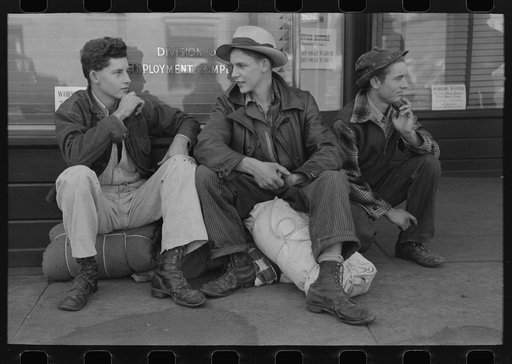 Boys looking for work wait for the Washington State Employment Service office to open in the morning, Yakima, Washington