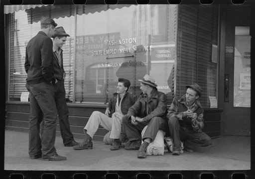 Boys looking for work wait for the Washington State Employment Service office to open in the morning, Yakima, Washington