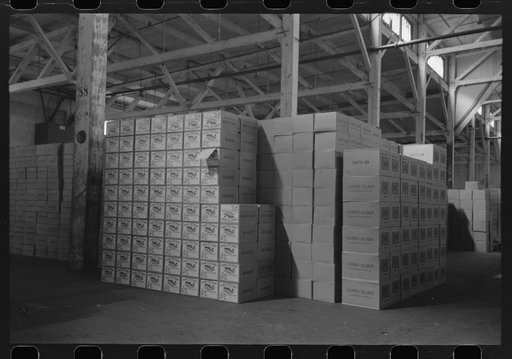 Cases of canned salmon in warehouse, Astoria, Oregon