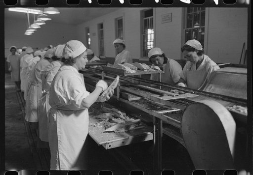 Skinning cooked tuna before canning, Columbia River Packing Association, Astoria, Oregon