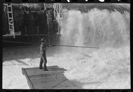 Indian fishing for salmon, Celilo Falls, Oregon