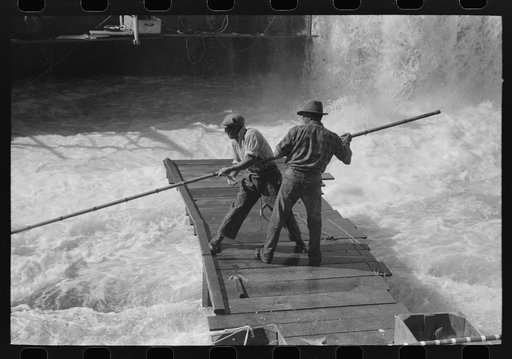 Indians fishing for salmon, Celilo Falls, Oregon