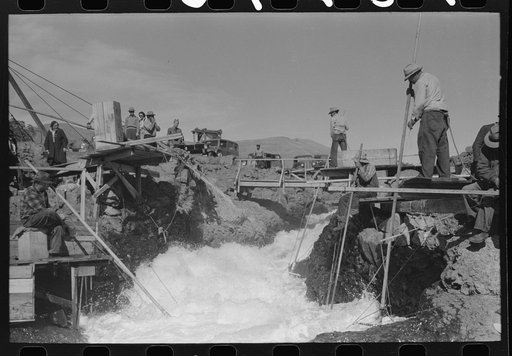 Untitled photo, possibly related to: Indians fishing for salmon, Celilo Falls, Oregon