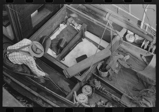 Cleaning out boxes in which salmon has been packed on fishing boat, Astoria, Oregon